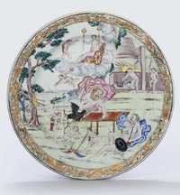 CIRCA 1742 A FAMILLE ROSE ‘FOUR ELEMENTS’ PLATE, DEPICTING ‘FIRE’